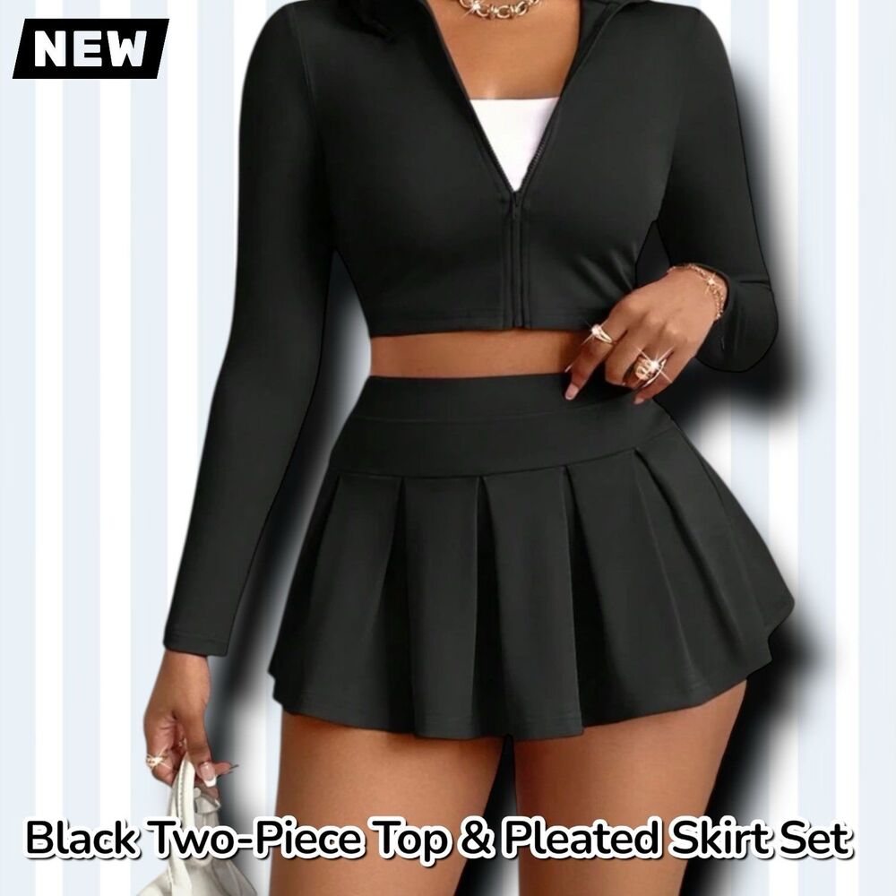 New Black Two-Piece Zip-Up Crop Top & Pleated Skirt Set Medium - Picture 1 of 7